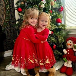 Red Holiday Dress with Gold Reindeer Design